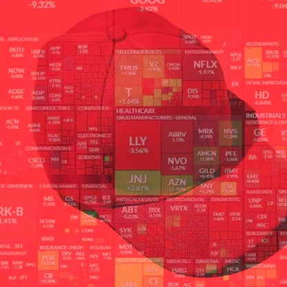 image of red 'Make America Great Again' baseball cap overlaid on top of ratings of stocks